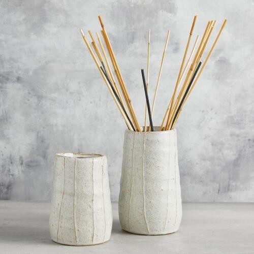 Tall Cream Striped Ceramic Pot 7"H